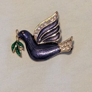 Elegant Blue Dove Brooch with Olive Branch. Peace Dove. Enamel And Rhynstones.